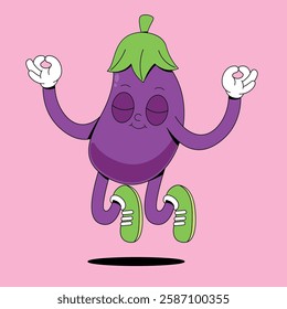 Cute cheerful floating eggplant cartoon