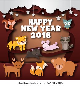 Cute Cheerful Forest Wild Animal Theme Happy New Year 2018 Paper Art Card Illustration, Suitable for Children Greeting Card, Party Invitation, And Social Media