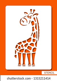 Cute cheerful giraffe. Stencil for children. White object on orange background. Сartoon zoo character. Template for laser cutting, wood carving, paper cut and printing. Vector illustration.