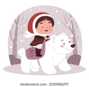 Una linda niña alegre con un traje étnico monta un oso polar blanco en medio de un bosque nevado. Ilustración escandinava para una tarjeta, impresión o cartel.
