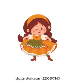 A Cute Cheerful Girl In National Clothes, In A Yellow Dress With An Apron, In A Headscarf, Dances At The Harvest Festival, On Thanksgiving Day. Autumn Card For The Holiday, Cartoon Character, Eps 10