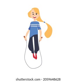 Cute cheerful girl skipping with rope, flat vector illustration isolated on white background. Child or teenager cartoon character doing sport exercise.