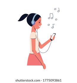 Cute cheerful girl or young woman cartoon character in headphones listening music, flat vector illustration isolated on white background. Music device and technology.