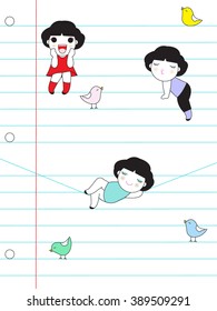 Cute And Cheerful Girls Character Optical illusion Drawing On Lined Paper illustration