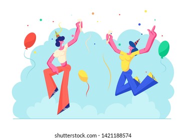 Cute Cheerful Girls Jumping with Hands Up in Festive Hats Holding Wine Glasses Celebrating Birthday Party Holiday on Colorful Background with Balloons and Confetti. Cartoon Flat Vector Illustration