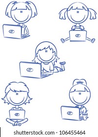 Cute cheerful  girls with laptops sitting in different poses