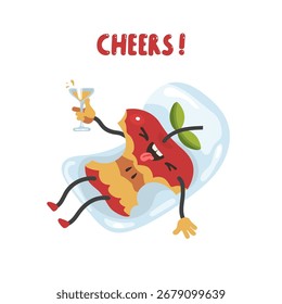 Linda manzana alegre y borracha está acostada en un colchón inflable riendo y bebiendo una Ilustración vectorial de cóctel, impresión para camiseta, tarjeta, concepto de póster