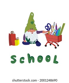 A cute cheerful gnome holds a cart with school supplies. Funny vector illustration for the day of knowledge.