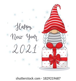 Cute cheerful gnome with phrase "Happy New Year".