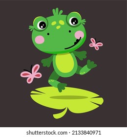 Cute cheerful Green Frog jumps next to butterflies. Isolated vector illustration 