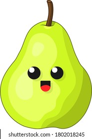 Cute and cheerful green pear, cartoon style, vector illustration isolated on white background
