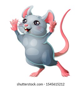 The cute cheerful grey and pink mouse with black eyes stand on hind legs. Colorful rat, vector cartoon illustration isolated on white background