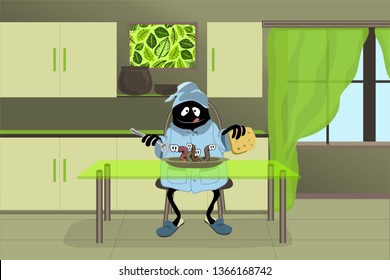 A cute cheerful and happy monster is sitting in the kitchen at the neon green glass table and having Breakfast. In plate cute living worms. Monster in blue pajamas, Slippers and a night cap. Vector.