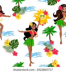 Cute cheerful Hawaiian girls dancing Sun sea and exotic tropical plants palm monsterra hibiscus Elegant cheerful summer pattern Vector