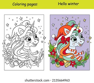 Cute and cheerful head of unicorn with christmas wreath on a starry background. Coloring book page with color template. Vector cartoon illustration. For kids coloring, card, print, design,decor puzzle