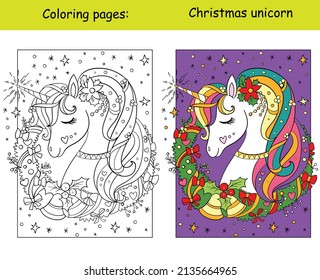 Cute and cheerful head of unicorn with christmas wreath on a starry background. Coloring book page with color template. Vector cartoon illustration. For kids coloring, card, print, design,decor puzzle