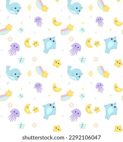 Cute cheerful kawaii cartoon background with the image of emotionally charming jellyfish, moon, stars, narwhal, fabulous children's wallpaper, wrapper