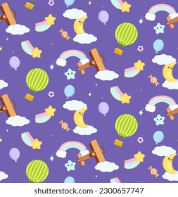 Cute cheerful kawaii cartoon background with emotional adorable moon, stars, rainbows, comets, airplanes and hot air balloon