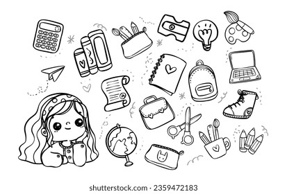 cute and cheerful kawaii schoolgirl dreaming of school supplies in this delightful hand drawn doodle illustration. Perfect for back to school themes and childhood nostalgia.