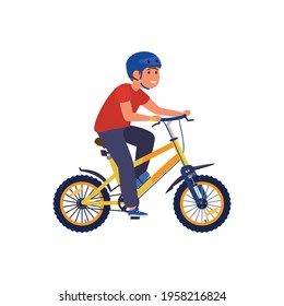 Cute cheerful kid boy in safety helmet riding a bicycle. Smiling happy child on bike. Outdoors activity for children during summer vacation. Flat vector isolated illustration.