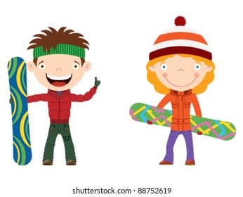 Cute cheerful kids with boards for snowboard. Color illustration.