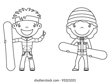 Cute cheerful kids with boards for snowboard.