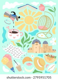 Cute and cheerful light illustration of summer vacation, touristic trip, fascinating journey or chilling day - with coffee, ice-cream, sun, landmarks, hanging chail and beach relax.