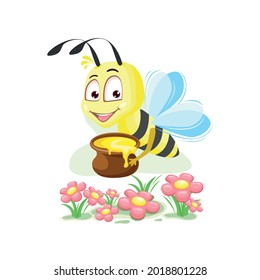 A cute and cheerful little bee with a pot of honey. Delicious food. Vector illustration in cartoon style.