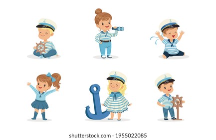 Cute Cheerful Little Boys and Girls in Sailor Costumes Set, Adorable Kids Dreaming of Sailing Cartoon Vector Illustration