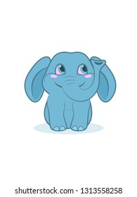 Cute cheerful little elephant sits with a raised trunk in the top, vector illustration cartoon flat style, blue character on a white background