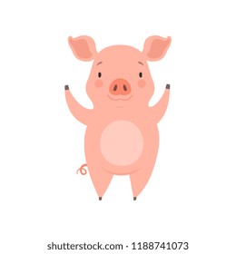 Cute cheerful little pig, funny piglet cartoon character vector Illustration on a white background