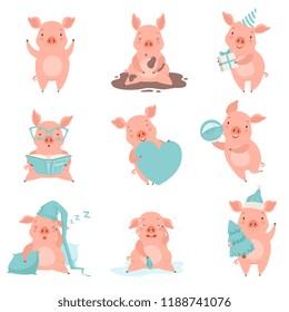 Cute cheerful little pink pigs set, funny piglets cartoon characters in different situations vector Illustration on a white background