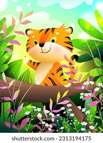 Cute Cheerful Little Tiger Character in Woods or Forest. Animal tiger cartoon, colorful greeting card illustration for children. Vibrant playful vector illustration in watercolor style.