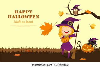 Cute cheerful little witch carrying a bucket and witch broom with owl, black cat in hat and carved pumpkin.