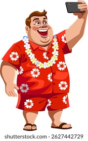Cute cheerful male tourist taking a photo of himself on camera tourist full-length dressed in a bright Hawaiian shirt and shorts Vector