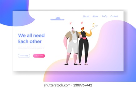 Cute Cheerful Man and Woman Take Selfie Together Landing Page. Beautiful Couple in Love on Social Networks. Lovers Meeting Character Website or Web Page. Flat Cartoon Vector Illustration