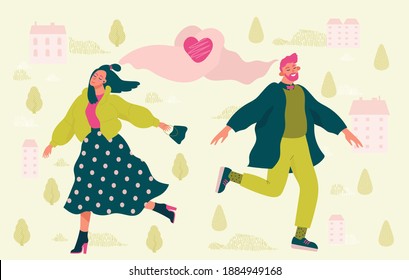 Cute cheerful man and woman walking after first date alone. Fulfillment of hopes, enthusiasm, joyful and happy. Cartoon Vector illustration.