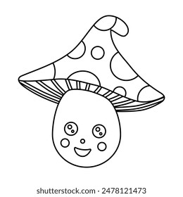 Cute cheerful mushroom with spotted cap, doodle style flat vector outline for coloring book