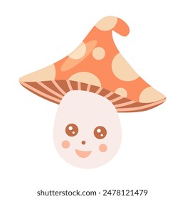 Cute cheerful mushroom with spotted cap, childrens magic element in kawaii cartoon style, vector
