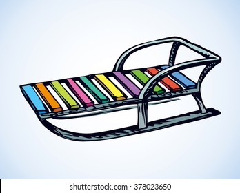 Cute cheerful new year child's vehicle icon isolated on white background. Freehand outline ink hand drawn symbol sketchy in art scribble retro style pen on paper. Closeup side view with space for text