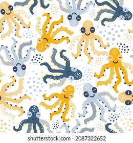 Cute Cheerful Octopus vector seamless pattern. Blue Yellow colours sea creatures background. Scandinavian decorative childish surface design for nautical nursery and navy kids fabric.