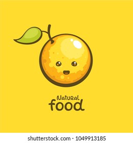 Cute cheerful orange. Comic cartoon character. Template for logo, label, menu and packaging decoration. Natural food vector illustration.