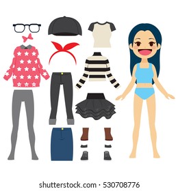 Cute cheerful paper doll girl with a set of clothes and accesories