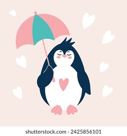 Cute cheerful penguin with an umbrella. Simple baby vector illustration. Bird south pole.Character isolated on white background
