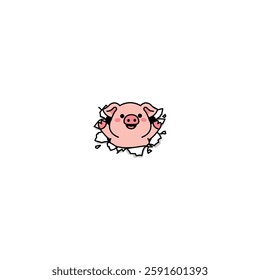 Cute cheerful pig break through the paper cartoon, vector illustration