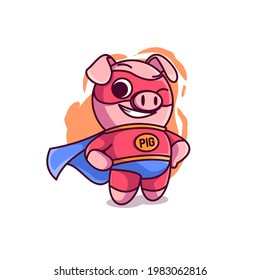 cute and cheerful pig superhero mascot character illustration vector icon. super hero pig with cool wing suit and cape. flat cartoon concept