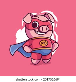 cute and cheerful pig superhero mascot character illustration vector icon. super hero pig with cool wing suit and cape. flat cartoon concept