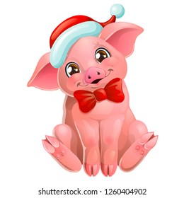 The cute cheerful pink pig head with blue bow and Santa Claus cap sits. A yellow hog, boar a symbol 2019 New Years according to the Chinese calendar. A cartoon vector illustration isolated on white.