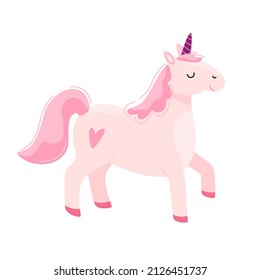 Cute cheerful pink unicorn character. Baby vector illustration in cartoon style isolated on white background. Fabulous magical creature element for design, postcards, poster