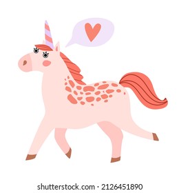 Cute cheerful pink unicorn character. Baby vector illustration in cartoon style isolated on white background. Fabulous magical creature element for design, postcards, poster